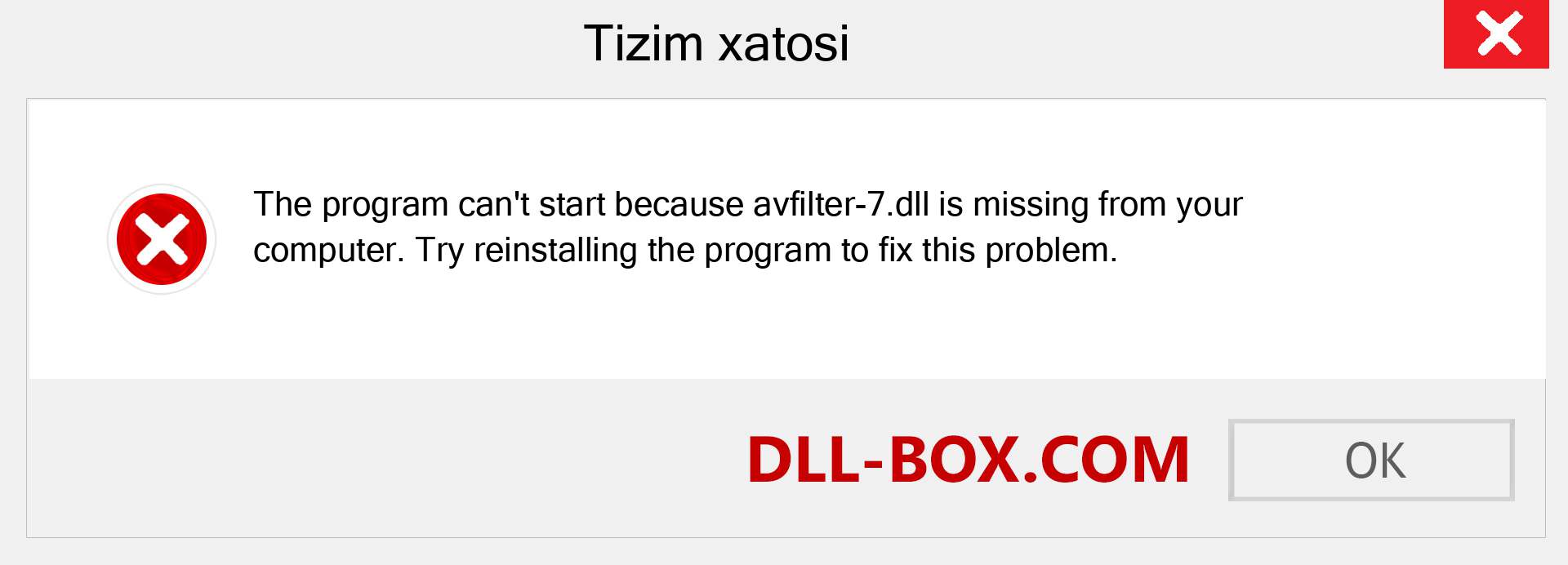 avfilter-7.dll fayli yo'qolganmi?. Windows 7, 8, 10 uchun yuklab olish - Windowsda avfilter-7 dll etishmayotgan xatoni tuzating, rasmlar, rasmlar